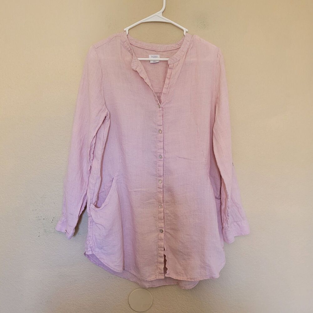 Sigrid Olsen Womens 100% Linen Long Sleeve Casual Shirt Tunic Top Sz Small Pink - Picture 2 of 8